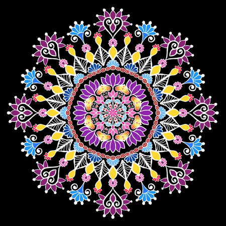 Colourful flowers mandala pattern on black background. Wallpaper or background design,の写真素材