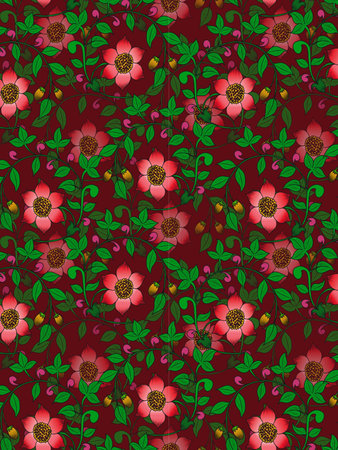 Seamless pattern with flowers on a red background. Raster illustration.の写真素材