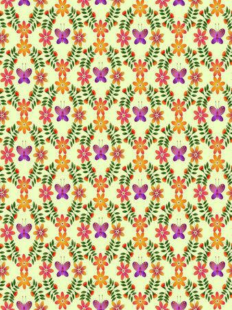 Seamless pattern with colorful flowers and butterflies on yellow background. Raster illustration.の写真素材
