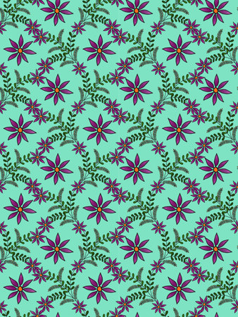 Seamless pattern with flowers and leaves on a turquoise backgroundの写真素材