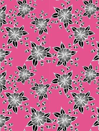 Seamless floral pattern with black and white flowers on pink backgroundの写真素材