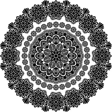 Mandala pattern black and white flowers on a white backgroundの写真素材
