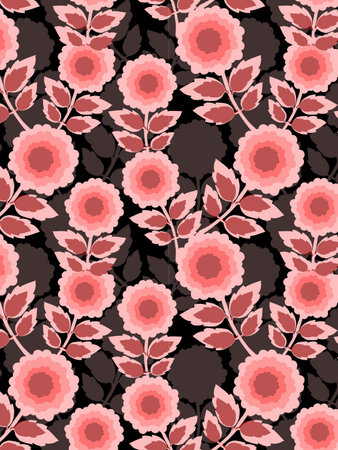 Seamless pattern with pink flowers on black background. Vector illustration.の写真素材