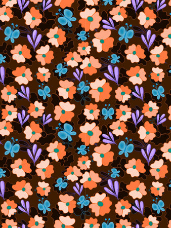 Seamless pattern with flowers on brown background. Vector illustration.の写真素材