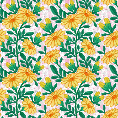 Seamless pattern with yellow daisies. Raster illustration. Surface pattern designの写真素材