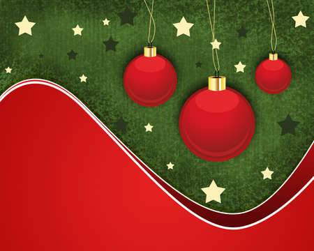 Christmas card with three red balls and red-green backgroundの写真素材