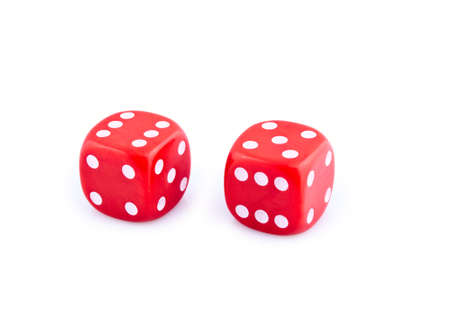 Two red dice isolated on white backgroundの写真素材