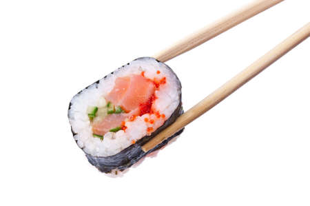Sushi with chopsticks isolated over white backgroundの写真素材