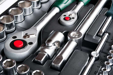 kit of metallic tools as backgroundの写真素材