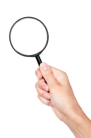 Magnifying glass in hand isolated on white backgroundの写真素材
