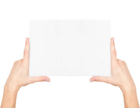 Hands holding paper isolated on whiteの写真素材