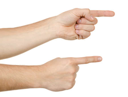 Two hand pointing, touching or pressing isolated on white. Caucasian male.