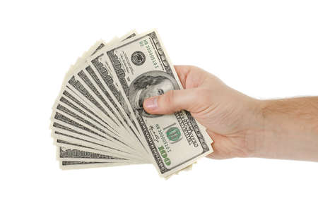 Man hand with dollars isolated on a white 