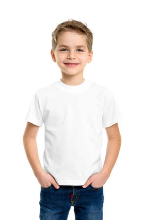 White T-shirt on a cute boy, isolated on white backgroundの写真素材