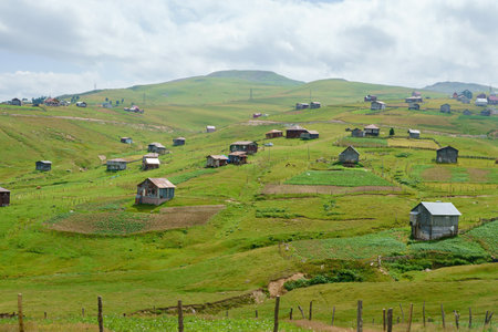 Top view of a village in a mountainous area, at the bottom of the house, fields, haystacksの写真素材