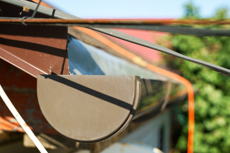 Gutter edge close up. on the back plane there are wires, part of the roofs and trees; the background...
