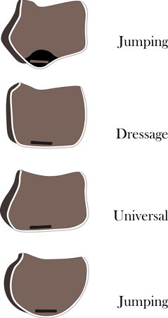 A set of different models of saddle pads. Linear contours with a fill example. Dressage saddle pad, unviersal saddle pad, jumping saddle pad. Samples of ammunition for equestrian sport.のイラスト素材