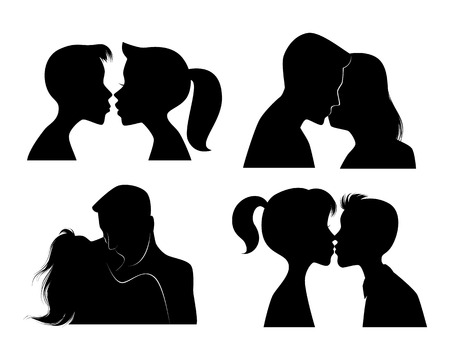 Vector illustration of a four kissing couples silhouettesのイラスト素材