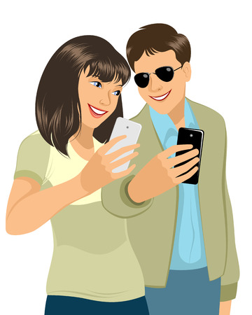 illustration of a young couple with cellphonesのイラスト素材