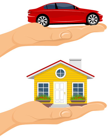 illustration of a house and car in handsのイラスト素材