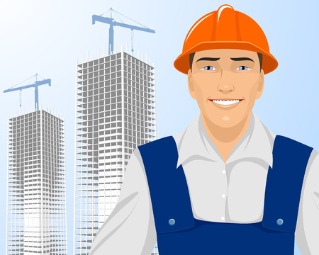 Vector illustration of a builder on skyscrapers backgroundのイラスト素材