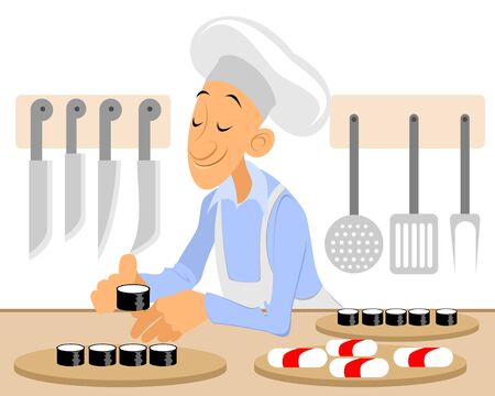 Vector illustration of a sushi chef in kitchenのイラスト素材