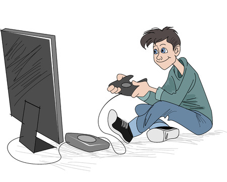 illustration of a young boy playing pcのイラスト素材