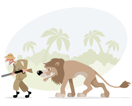 Vector illustration of a hunter and lionのイラスト素材