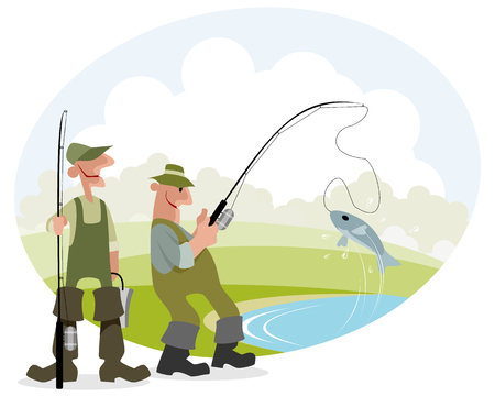 Vector illustration of a fisherman catches fishのイラスト素材