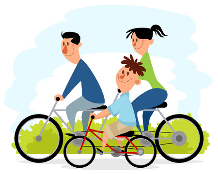 Walk parents with son on the bikesのイラスト素材