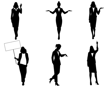 Vector illustration of six silhouettes of businesswomen in actionのイラスト素材