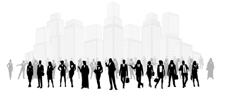 Vector illustration of group of businessmen on background of cityのイラスト素材