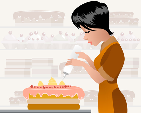 Vector illustration of a female pastry chef decorating cakeのイラスト素材