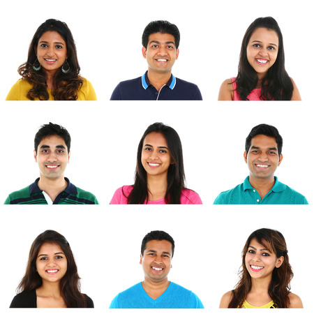 Collage of young Indian/Asian men and women portraits, isolated on white background.