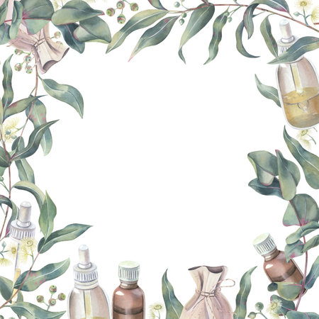 Eucalyptus frame made of branches, flowers, shoots, oil bottles, and linen bag. Botanical illustration of medicinal herbs hand drawn for aromatherapy label, on a white background with a space for textの写真素材