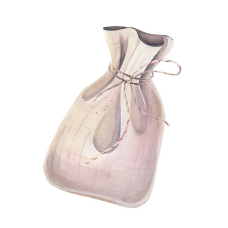 Linen bag tied with a delicate string, watercolor isolated on white. Hand-painted pouch in natural tones, perfect for eco, organic, and rustic-themed designs, natural cosmetics, aromatherapy labels.の写真素材