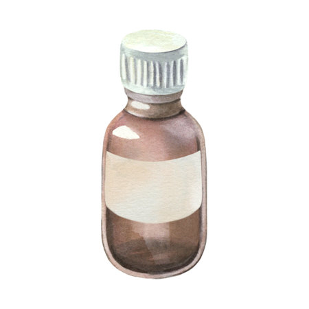 Dark glass bottle of essential oil with blank label isolated on white. Hand drawn watercolor vial perfect for cosmetics, aromatherapy, packaging, eco and natural product designs.の写真素材