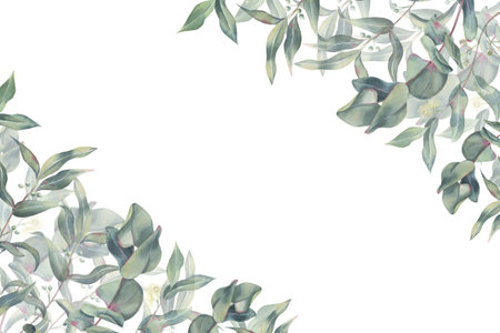 Eucalyptus banner, branches with leaves, flowers and shoots, watercolor template on white background. The twigs hand drawn for invitations, cards, branding, nature-themed designs with a space for textの写真素材