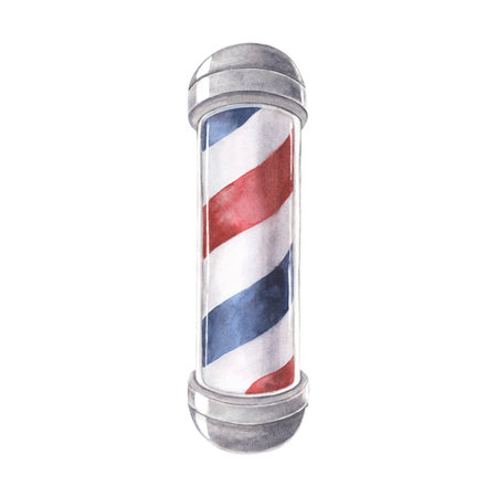 Barber pole. Watercolor illustration of red white blue traditional element of barbershop. Hand-drawn symbol isolated on white background, perfect for retro branding, decor, cards and vintage design.の写真素材
