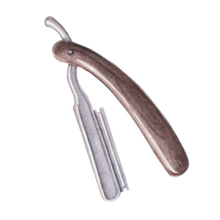 Vintage razor, metal blade, wooden handle. Watercolor illustration of barbershop tool hand-painted on white background. Ideal for branding, grooming designs, printing, cards and retro-themed projects.の写真素材
