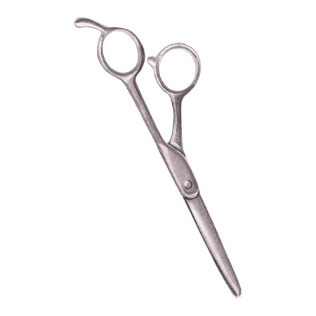 Metal haircutting scissors. Hand-painted watercolor illustration of shears, barbershop tool, sewing and handicraft instrument on a white background. Perfect for branding, design, printing and cards.の写真素材