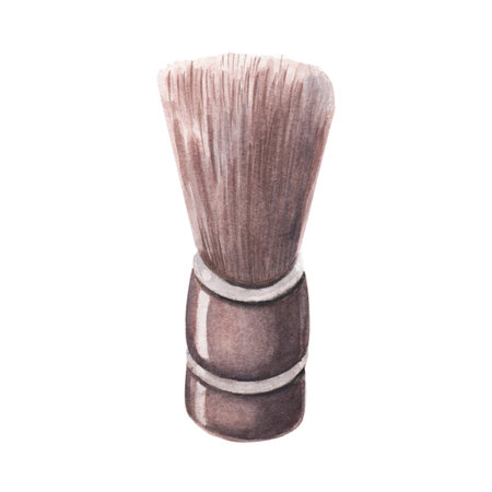 Shaving brush with long bristles and wooden handle. Hand-painted watercolor illustration of barbershop tool isolated on white background for barbershop, packaging, cosmetic products and retro designs.の写真素材