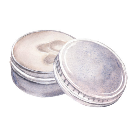 Opened metal screw-top tin for wax, balm, cream and solid perfume packaging. Hand-painted watercolor isolated on white. Perfect for barbershop branding, cosmetics, product mockups, retro-style designsの写真素材