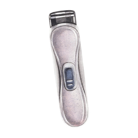 Metallic electric trimmer, sleek and detailed. Hand-painted watercolor illustration of shaving tool isolated on white background. Perfect for barbershop, grooming, care branding, packaging, designs.の写真素材