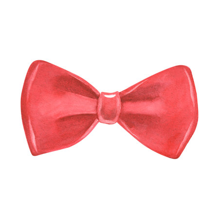 Vintage red bow tie, bold, stylish. Hand-painted watercolor illustration of masculine accessory isolated on white background. Ideal for fashion, tattoos, barbershop decor, branding, printing, design.の写真素材