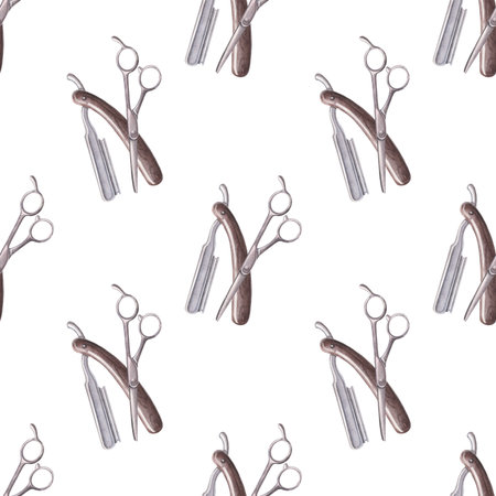 Razor and scissors seamless pattern. Watercolor illustration of barbershop tools hand-painted on white. Ideal for barbershop, hairdresser branding, grooming designs, printing on textile and packaging.の写真素材