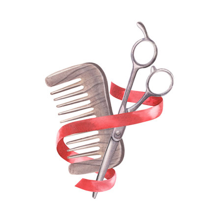 Barber scissors, wooden comb and red ribbon. Hand-drawn haircut tools, artisan equipment isolated on white background. Ideal for barbershop, hairdressing salon logos, labels, emblems, grooming designsの写真素材