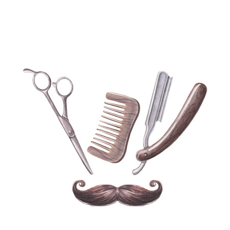 Handlebar moustache, vintage scissors, comb, and straight razor, space for text. Hand-drawn clipart isolated on white background. Ideal for barbershop labels, signage, retro grooming-themed designsの写真素材