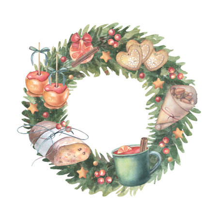 Fir wreath decorated with Christmas traditional food and drink including stollen, mulled wine. Hand-painted watercolor illustration isolated on white for holiday cards, invitations, branding, design.の写真素材