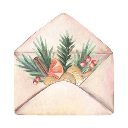 Festive envelope with orange slice, cinnamon stick, berries, fir branches, cookies. Hand-painted watercolor illustration isolated on white for greeting cards, invitations, holiday stationery design.の写真素材